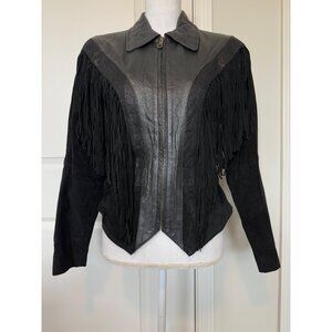 Vintage 90's G-III Leather Suede Fringe Western Jacket Black Size S Cowgirl Bike